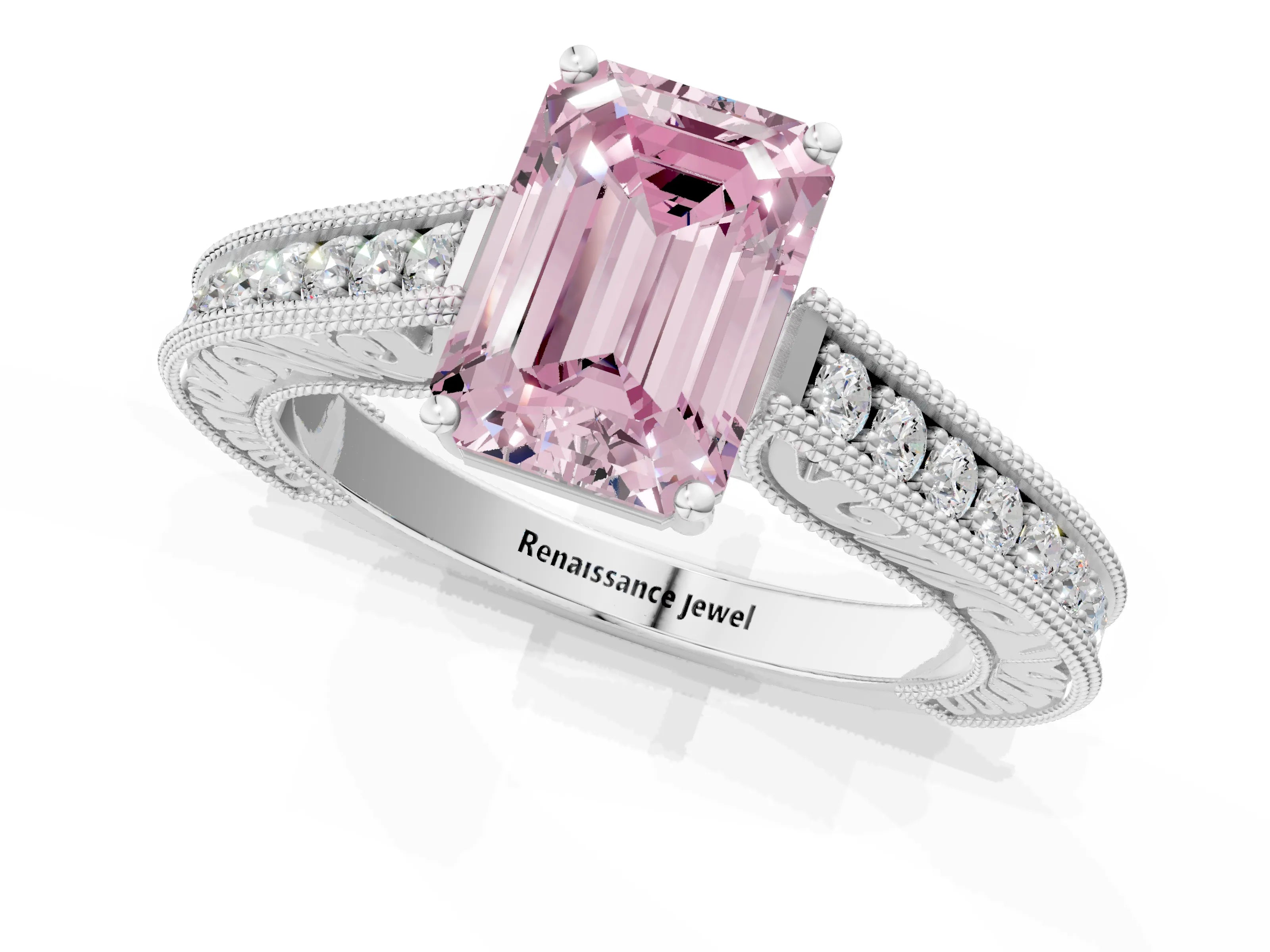 White gold Fancy Pink Emerald Cut Cut Pave Band Milgrain Solitaire Ring_1