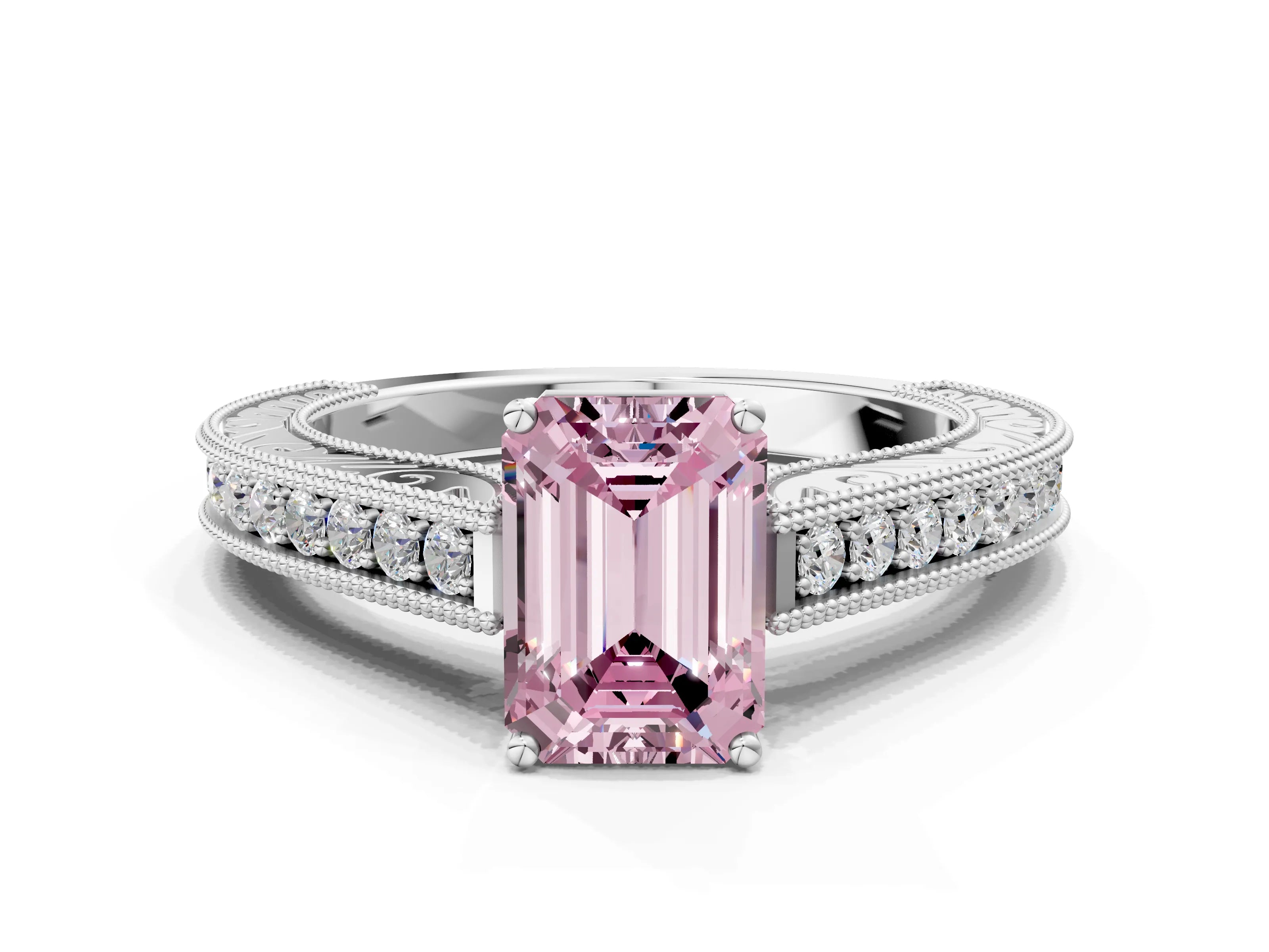 White gold Fancy Pink Emerald Cut Cut Pave Band Milgrain Solitaire Ring