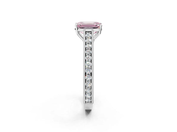 White Gold Emerald Cut Vintage Pave Engagement Ring Setting for Fancy Pink Center