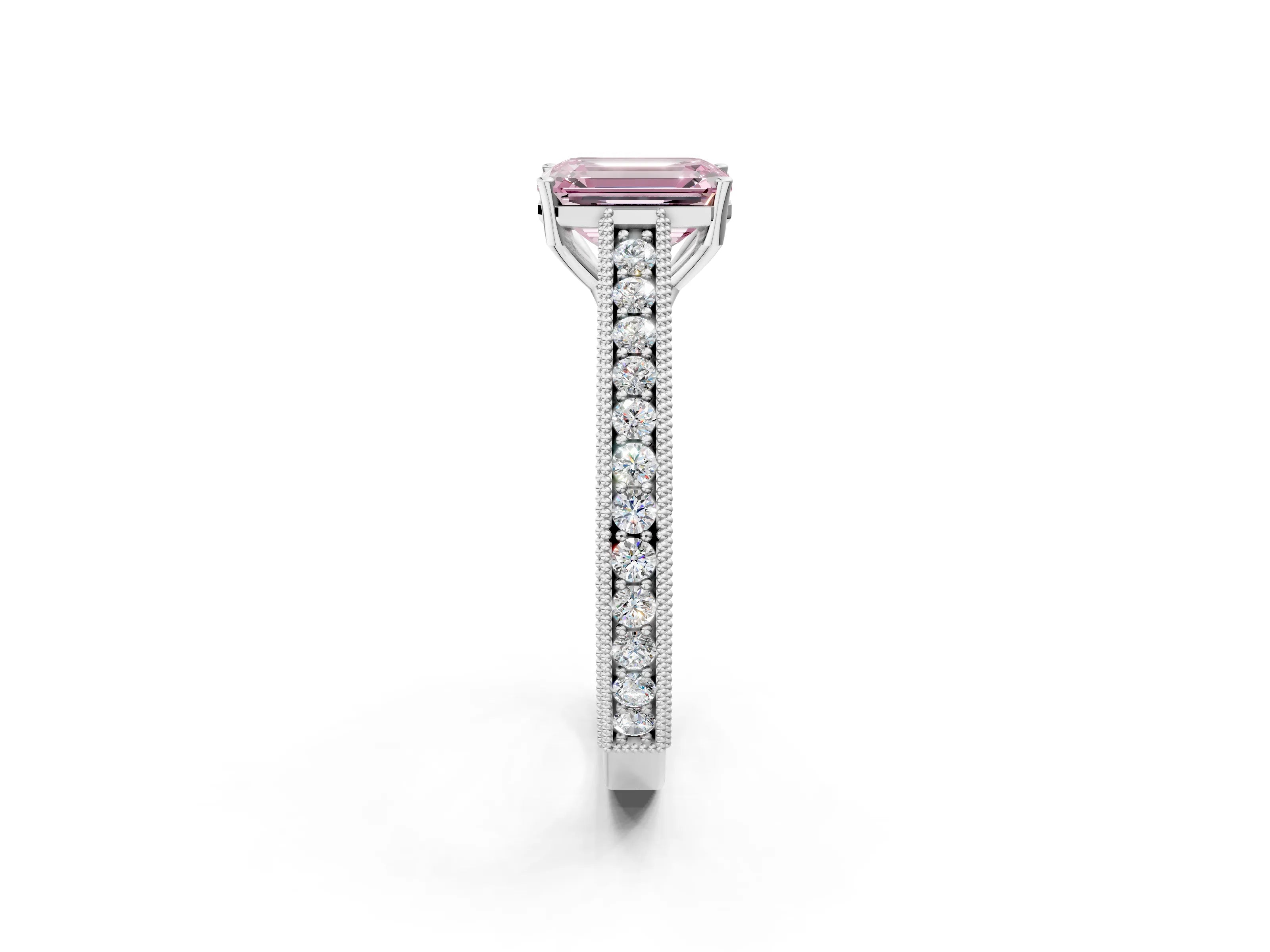White gold Fancy Pink Emerald Cut Cut Pave Band Milgrain Solitaire Ring_2