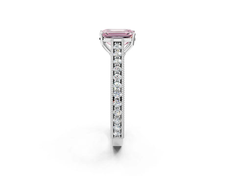 White gold Fancy Pink Emerald Cut Cut Pave Band Milgrain Solitaire Ring_2