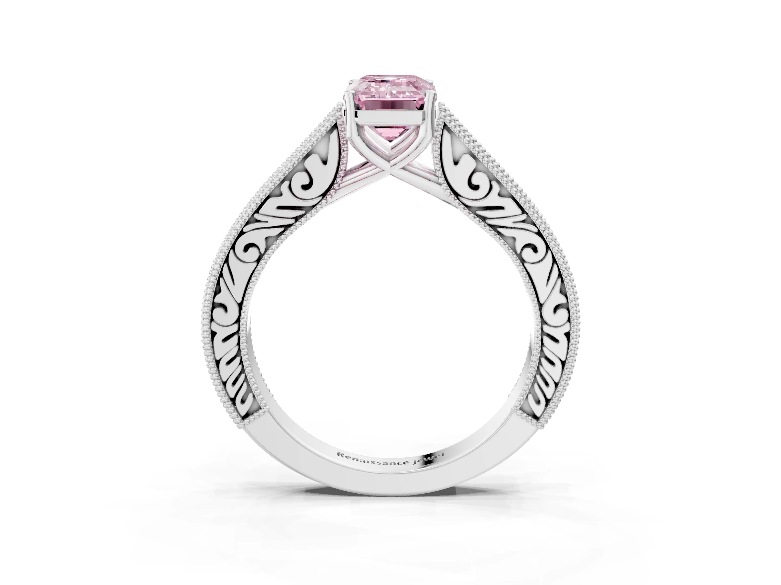 White gold Fancy Pink Emerald Cut Cut Pave Band Milgrain Solitaire Ring_3