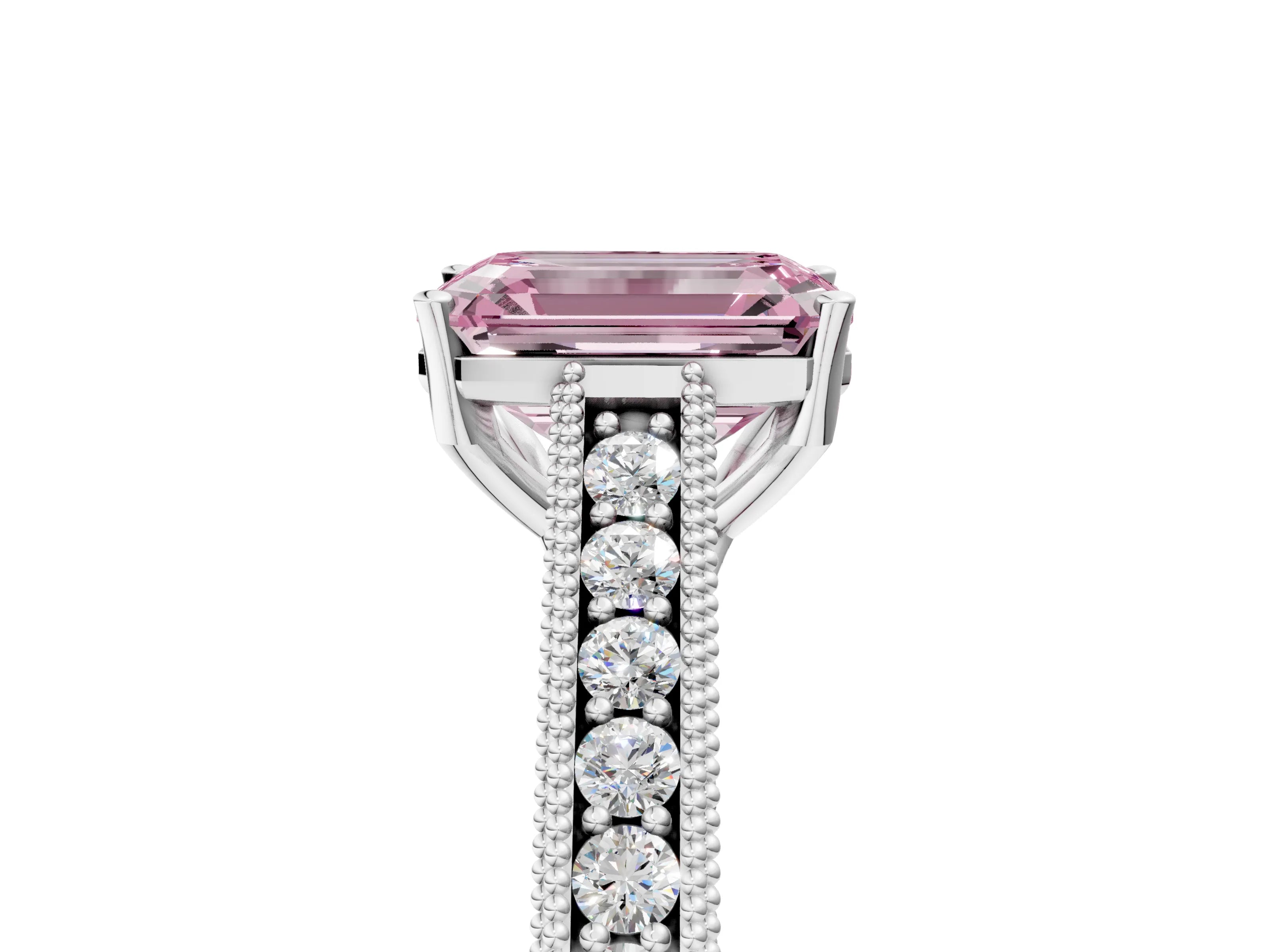 White gold Fancy Pink Emerald Cut Cut Pave Band Milgrain Solitaire Ring_5