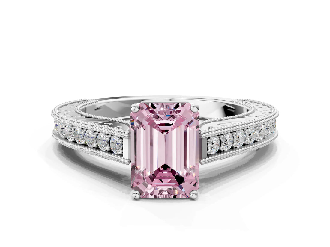 White gold Fancy Pink Emerald Cut Cut Pave Band Milgrain Solitaire Ring