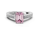 White gold Fancy Pink Emerald Cut Cut Pave Band Milgrain Solitaire Ring