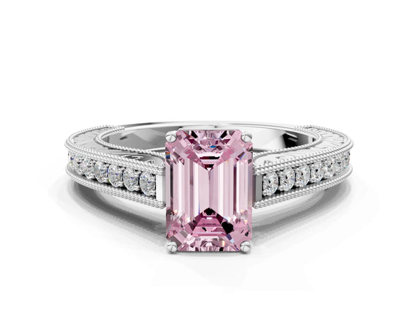 White Gold Emerald Cut Vintage Pave Engagement Ring Setting for Fancy Pink Center