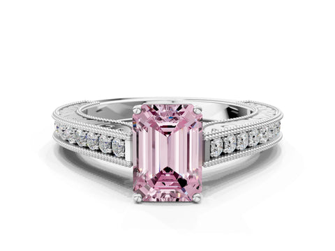 White gold Fancy Pink Emerald Cut Cut Pave Band Milgrain Solitaire Ring