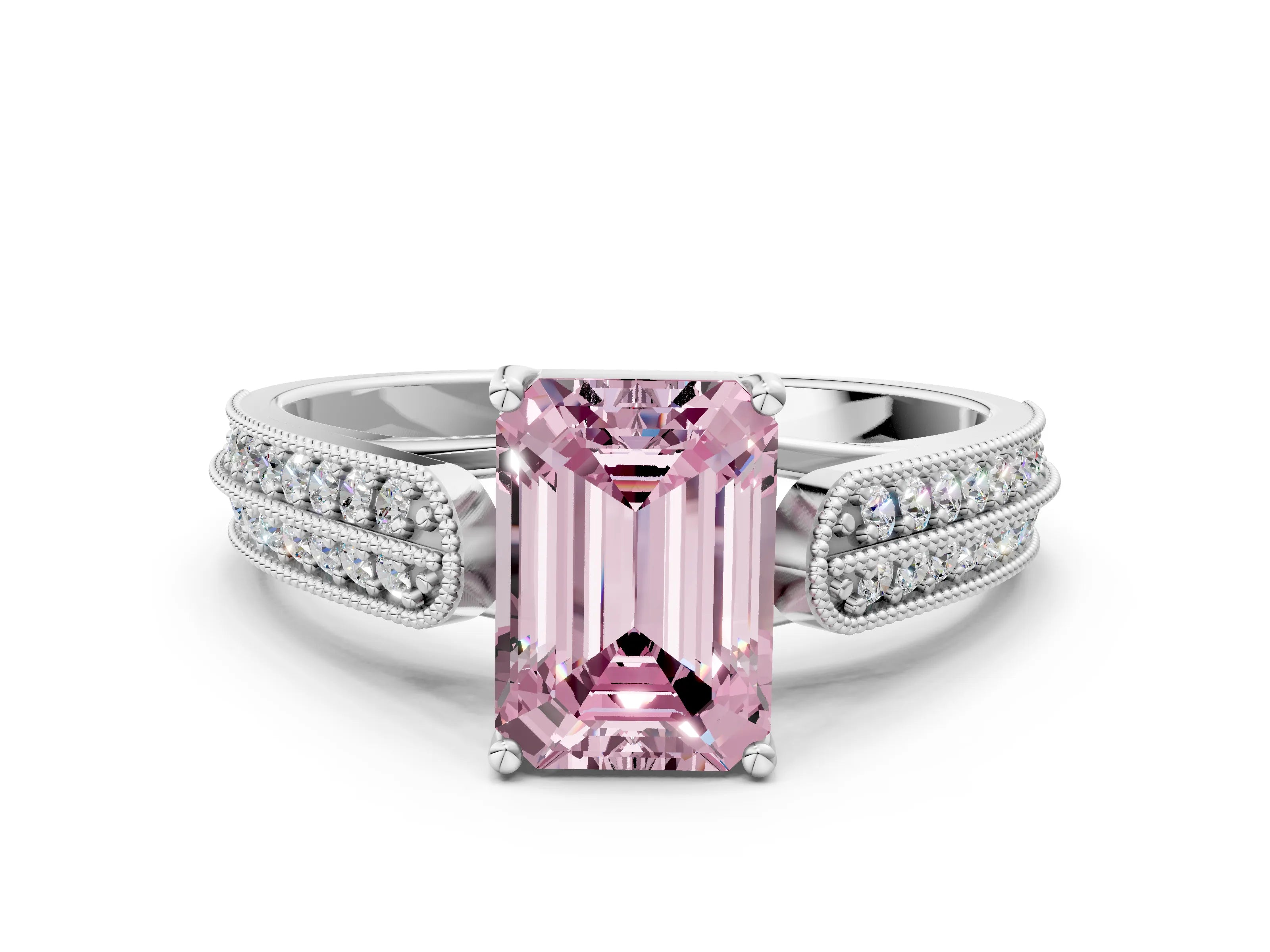 White gold Fancy Pink Emerald Cut Cut Pave Split Shank Engagement Ring with Four-Prong Setting_12