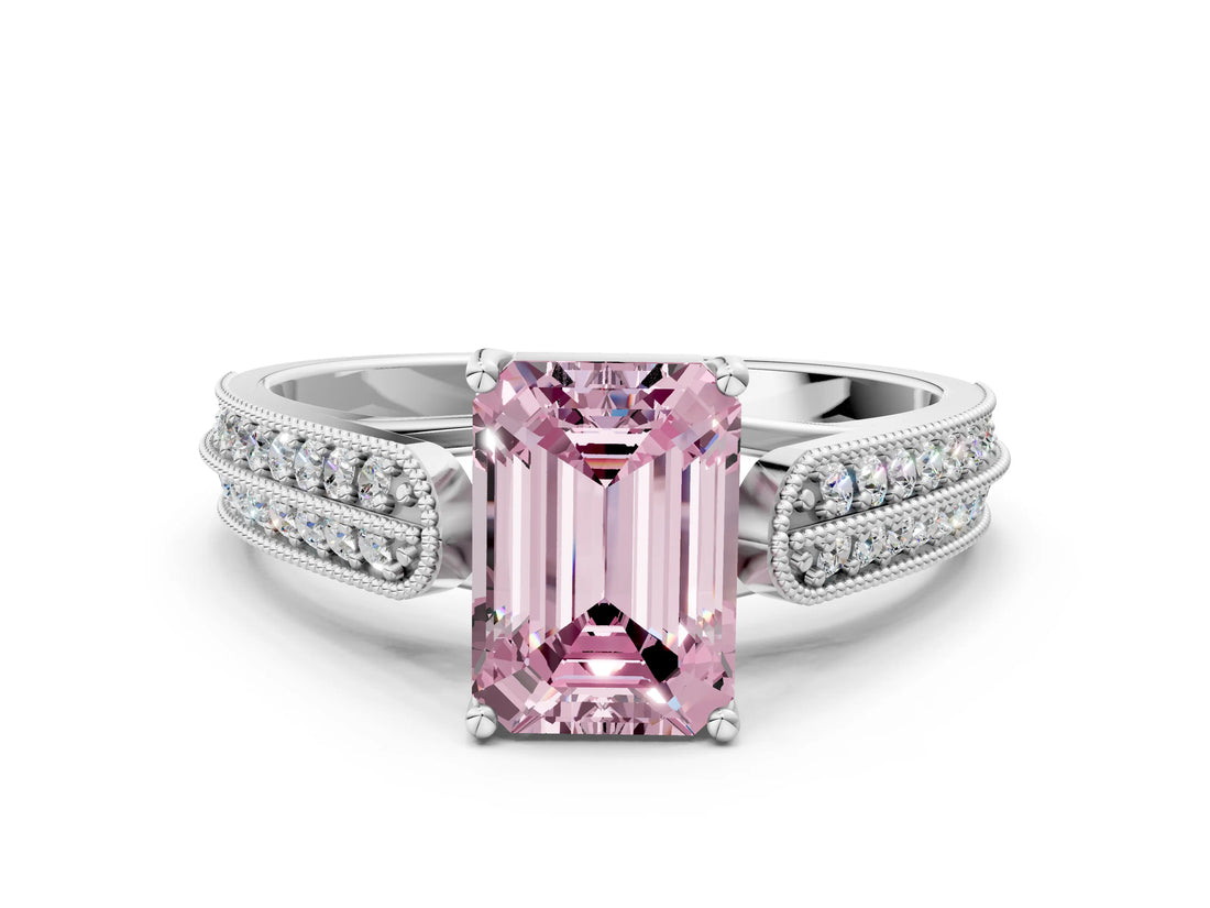 White gold Fancy Pink Emerald Cut Cut Pave Split Shank Engagement Ring with Four-Prong Setting_12