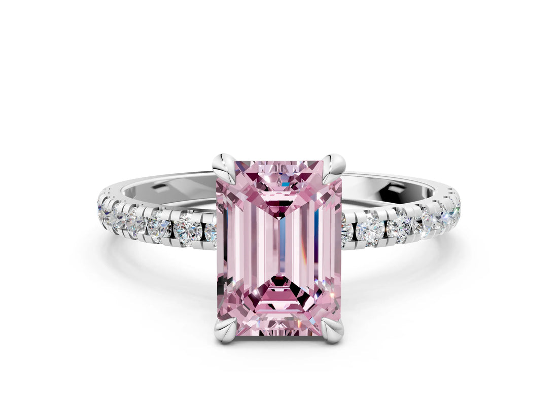 White gold Fancy Pink Emerald Cut Diamond Brilliant Solitaire Ring with Pavé Band and Four-Prong Setting_12