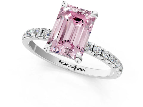 White gold Fancy Pink Emerald Cut Diamond Brilliant Solitaire Ring with Pavé Band and Four-Prong Setting_1