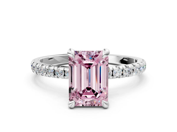 White gold Fancy Pink Emerald Cut Diamond Brilliant Solitaire Ring with Pavé Band and Four-Prong Setting