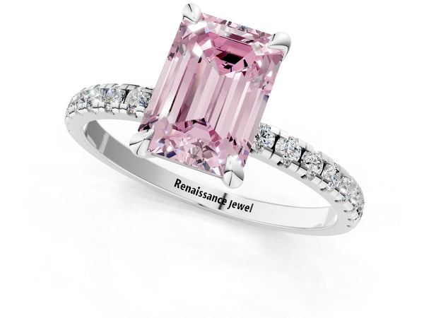 White gold Fancy Pink Emerald Cut Diamond Brilliant Solitaire Ring with Pavé Band and Four-Prong Setting