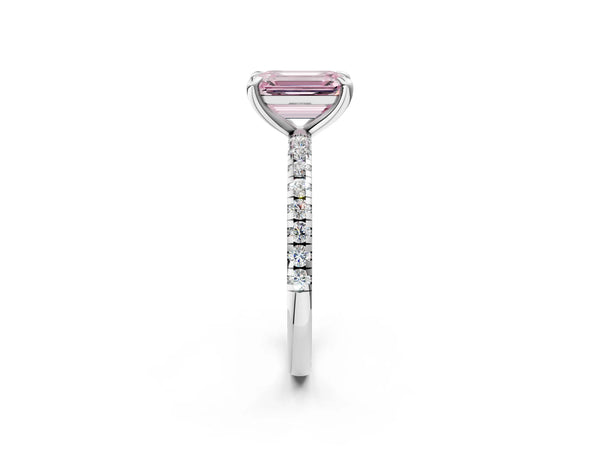 White gold Fancy Pink Emerald Cut Diamond Brilliant Solitaire Ring with Pavé Band and Four-Prong Setting