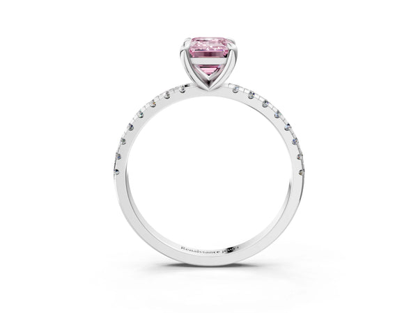 White gold Fancy Pink Emerald Cut Diamond Brilliant Solitaire Ring with Pavé Band and Four-Prong Setting