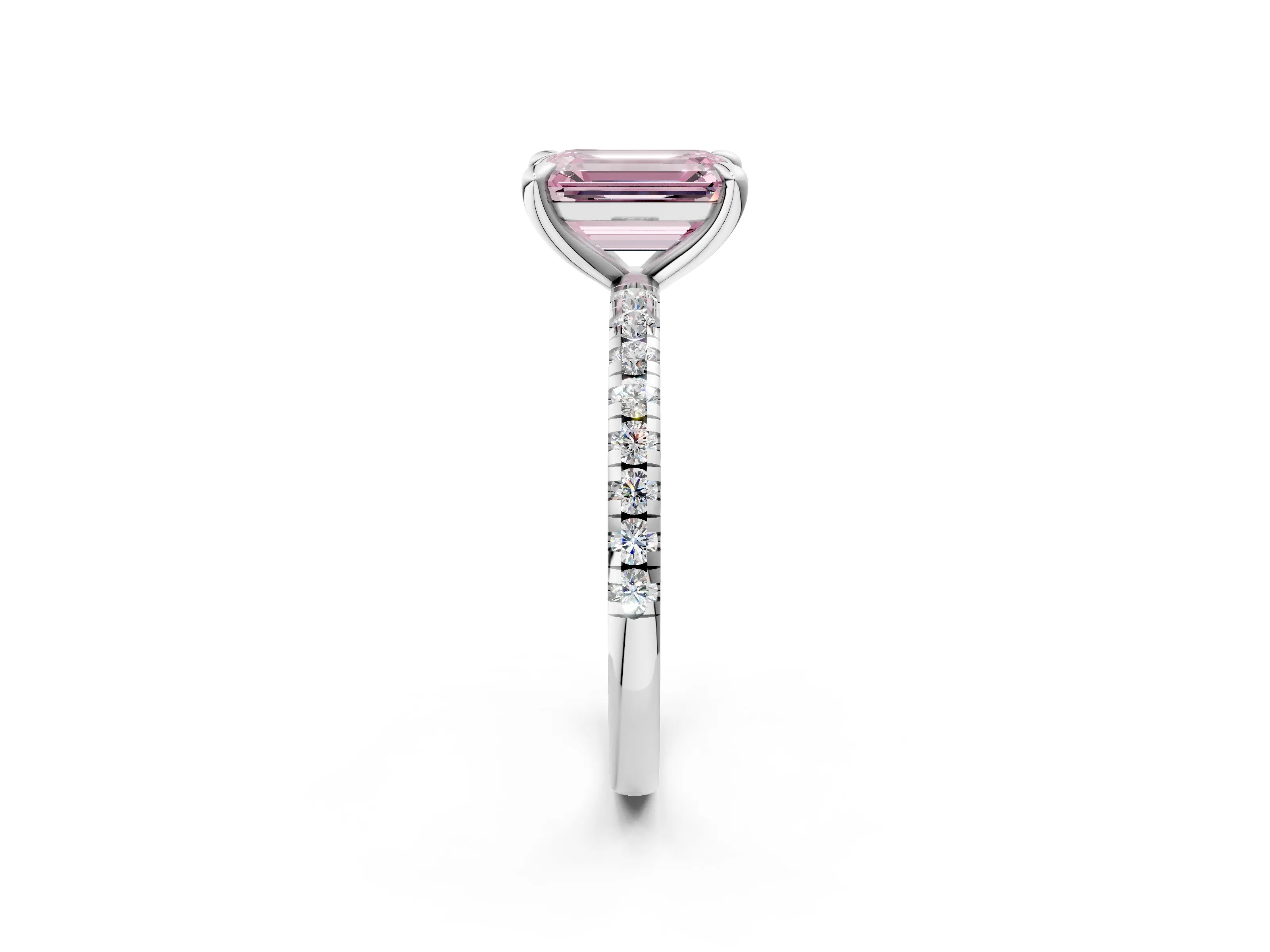 White gold Fancy Pink Emerald Cut Diamond Brilliant Solitaire Ring with Pavé Band and Four-Prong Setting_2
