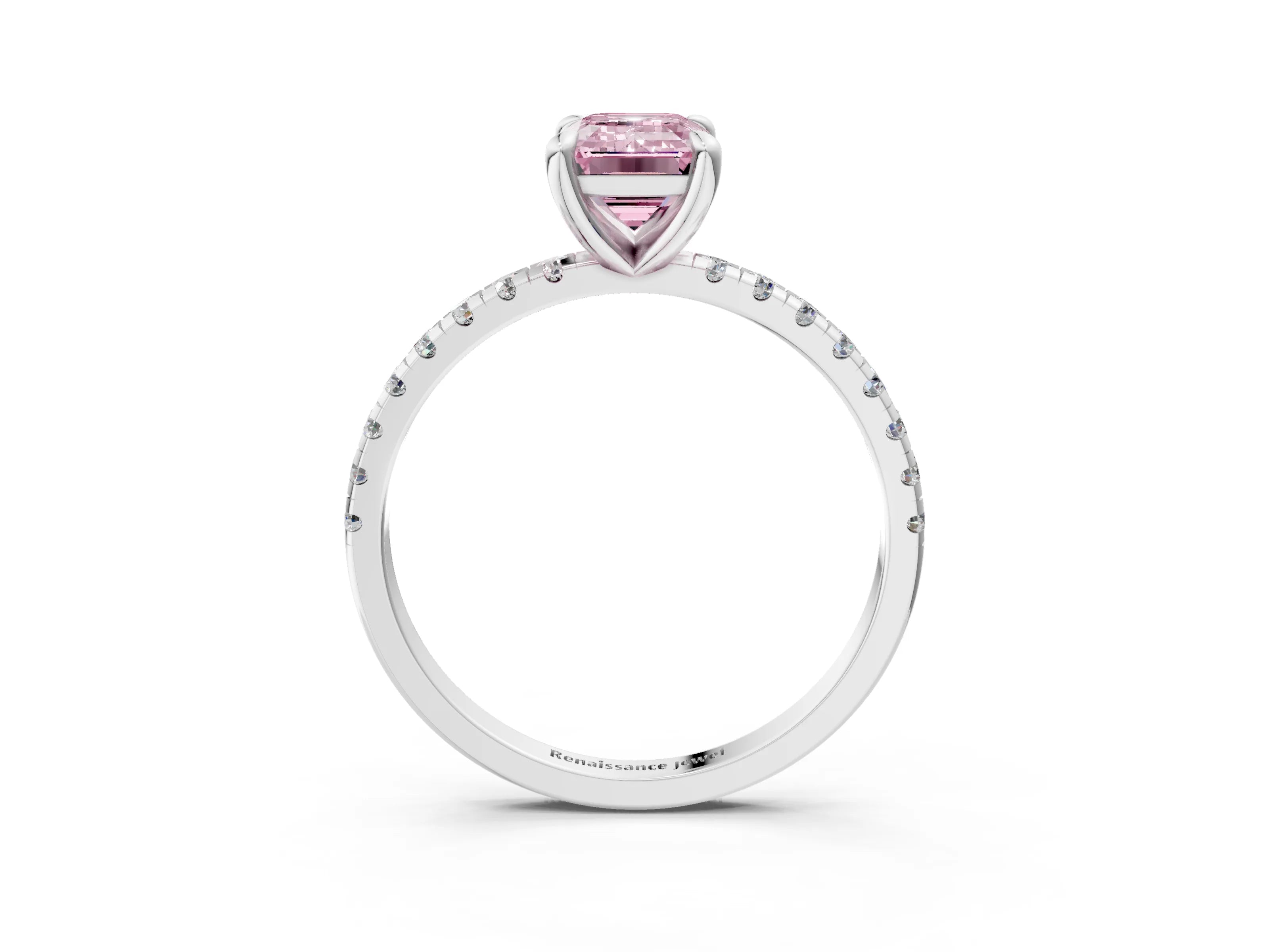 White gold Fancy Pink Emerald Cut Diamond Brilliant Solitaire Ring with Pavé Band and Four-Prong Setting_3