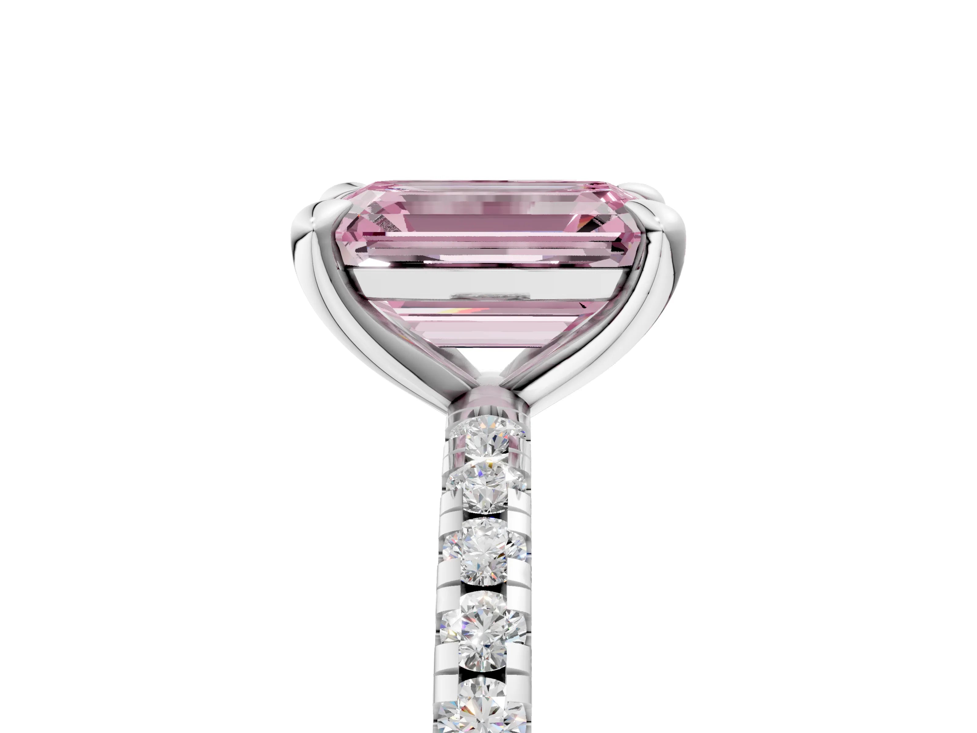 White gold Fancy Pink Emerald Cut Diamond Brilliant Solitaire Ring with Pavé Band and Four-Prong Setting_5
