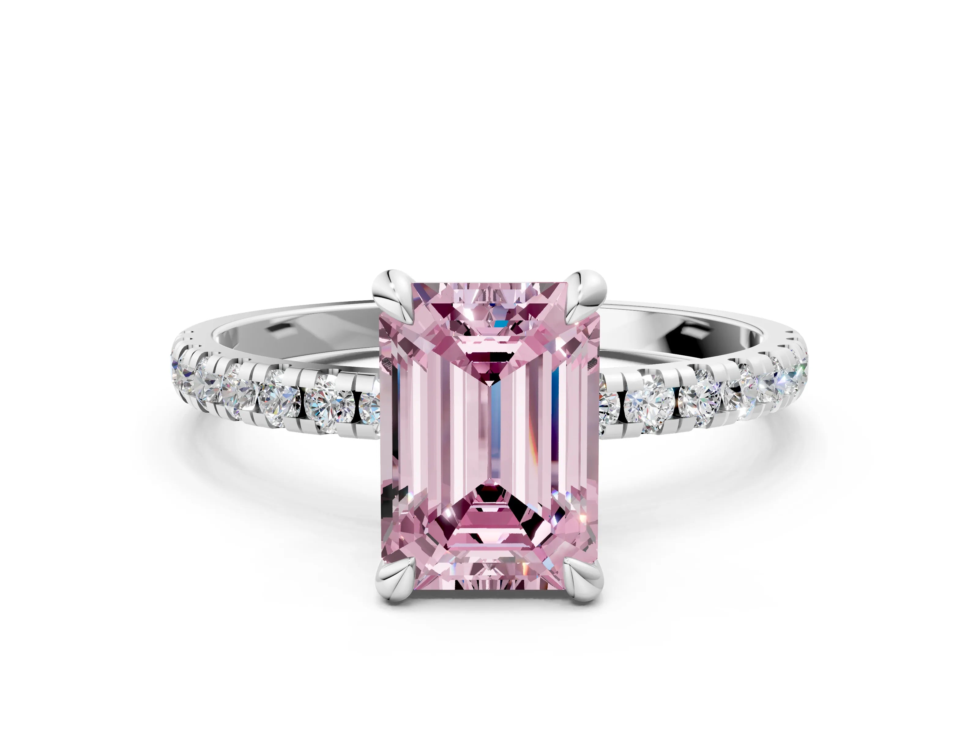 White gold Fancy Pink Emerald Cut Diamond Brilliant Solitaire Ring with Pavé Band and Four-Prong Setting