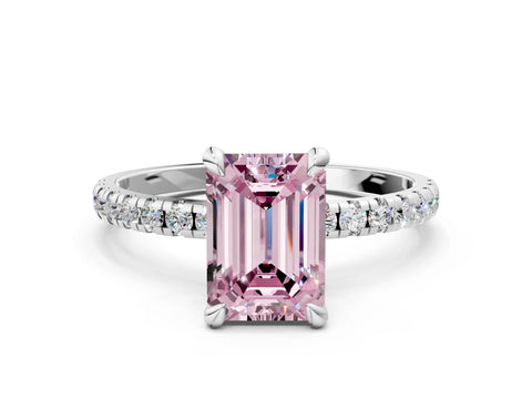White gold Fancy Pink Emerald Cut Diamond Brilliant Solitaire Ring with Pavé Band and Four-Prong Setting