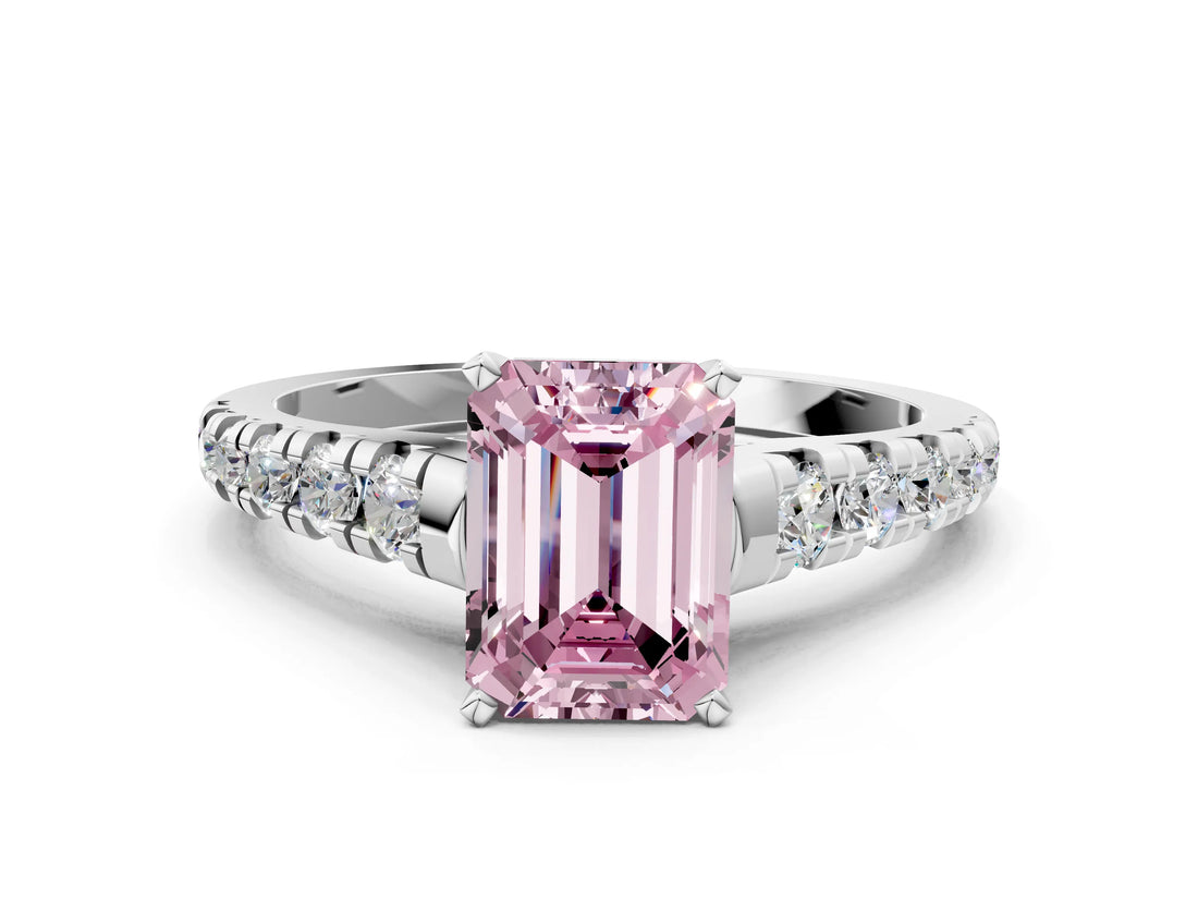 White gold Fancy Pink Emerald Cut Diamond Cathedral Solitaire Ring with Round  Pavé Band_179