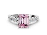 White gold Fancy Pink Emerald Cut Diamond Cathedral Solitaire Ring with Round  Pavé Band_179