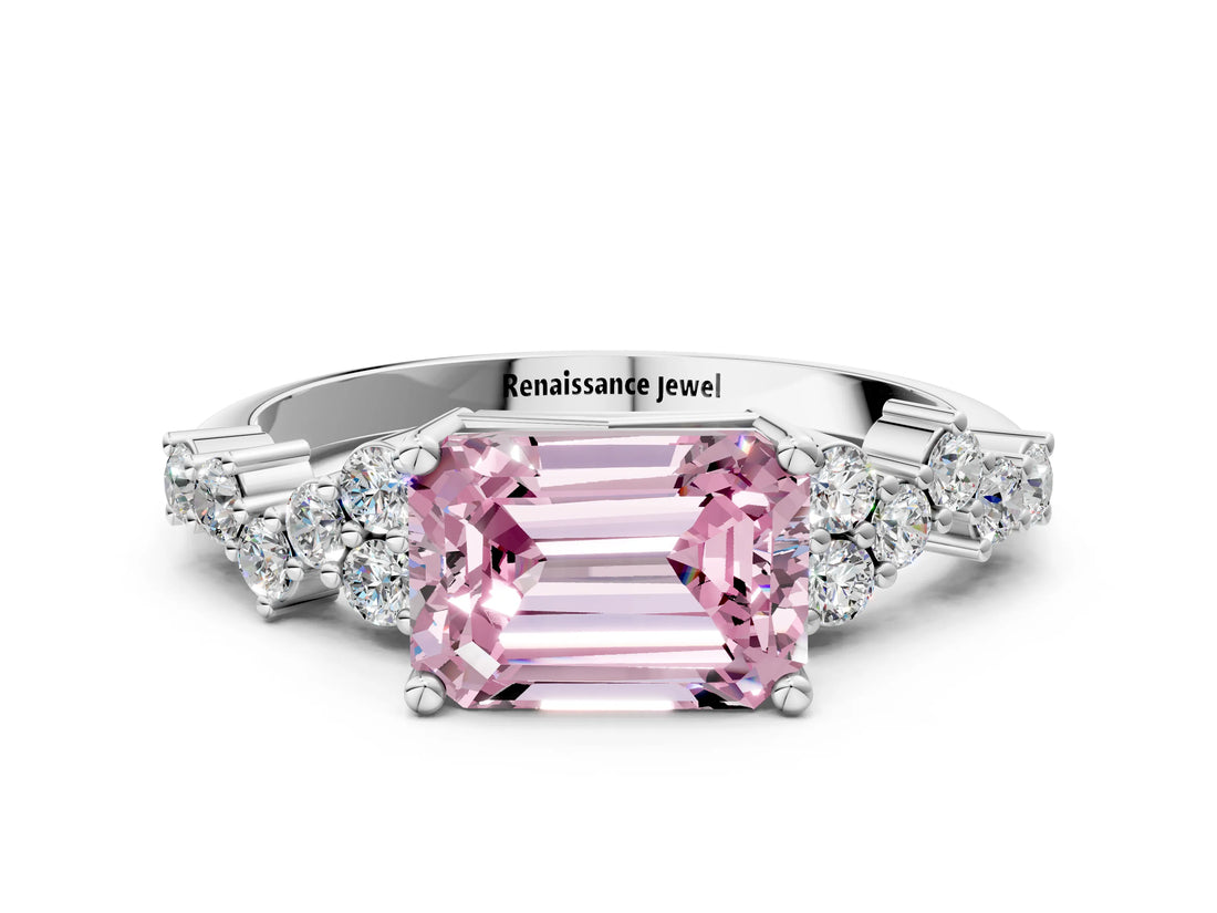 White gold Fancy Pink Emerald Cut Diamond Cluster Pavé Band with Four-Prong Setting_12