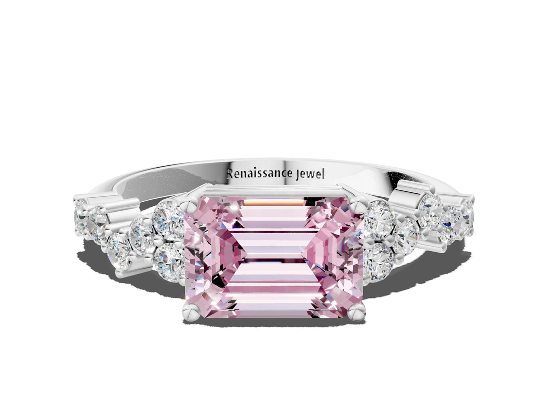 White gold Fancy Pink Emerald Cut Diamond Cluster Pavé Band with Four-Prong Setting_3