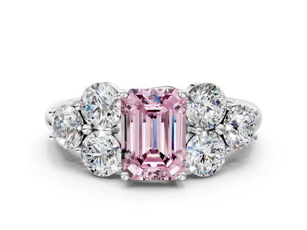 White gold Fancy Pink Emerald  Cut Diamond Cluster Ring with Round Accent Stones and Prong Setting on a Classic Band