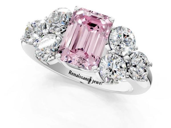 White gold Fancy Pink Emerald  Cut Diamond Cluster Ring with Round Accent Stones and Prong Setting on a Classic Band