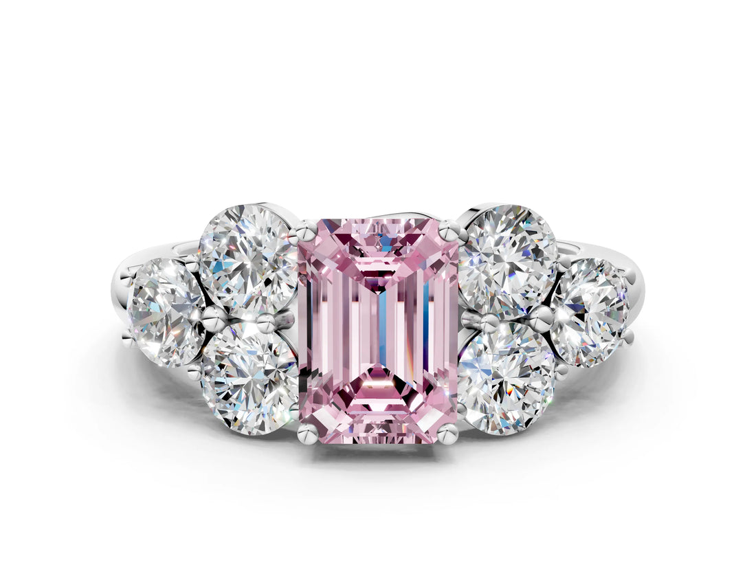 White gold Fancy Pink Emerald  Cut Diamond Cluster Ring with Round Accent Stones and Prong Setting on a Classic Band_49