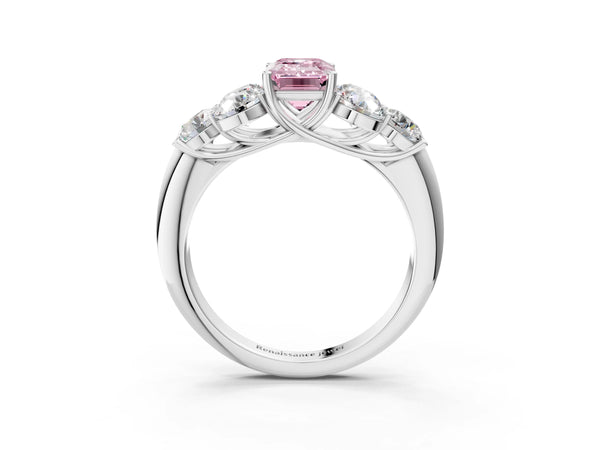 White gold Fancy Pink Emerald  Cut Diamond Cluster Ring with Round Accent Stones and Prong Setting on a Classic Band