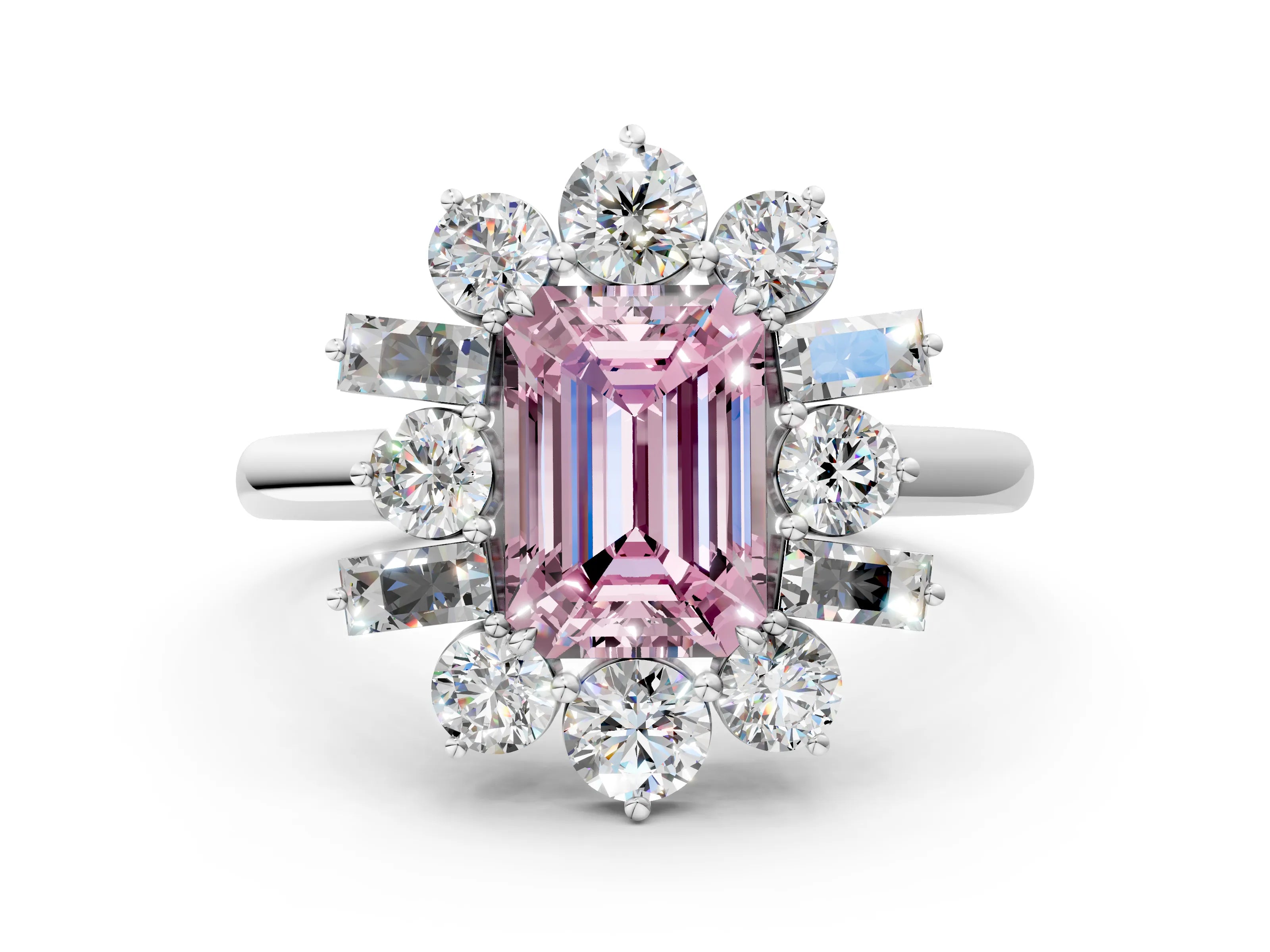 White gold Fancy Pink Emerald Cut Diamond Cluster Ring with Round and Baguette Stones, Split Shank Band, Prong Setting