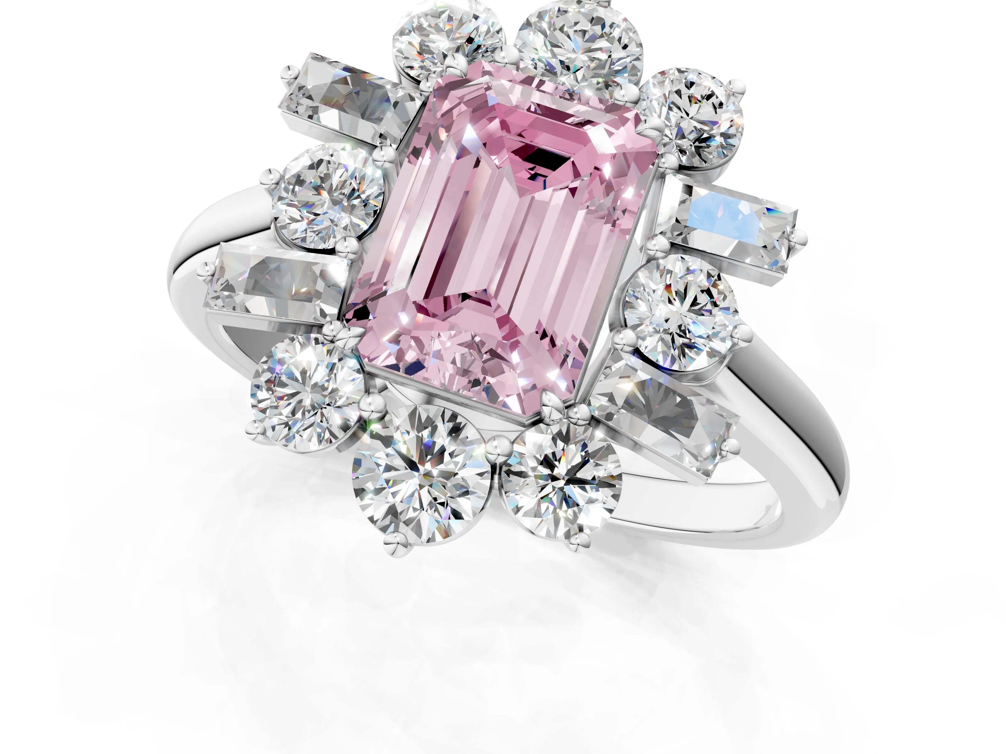 White gold Fancy Pink Emerald Cut Diamond Cluster Ring with Round and Baguette Stones, Split Shank Band, Prong Setting_1