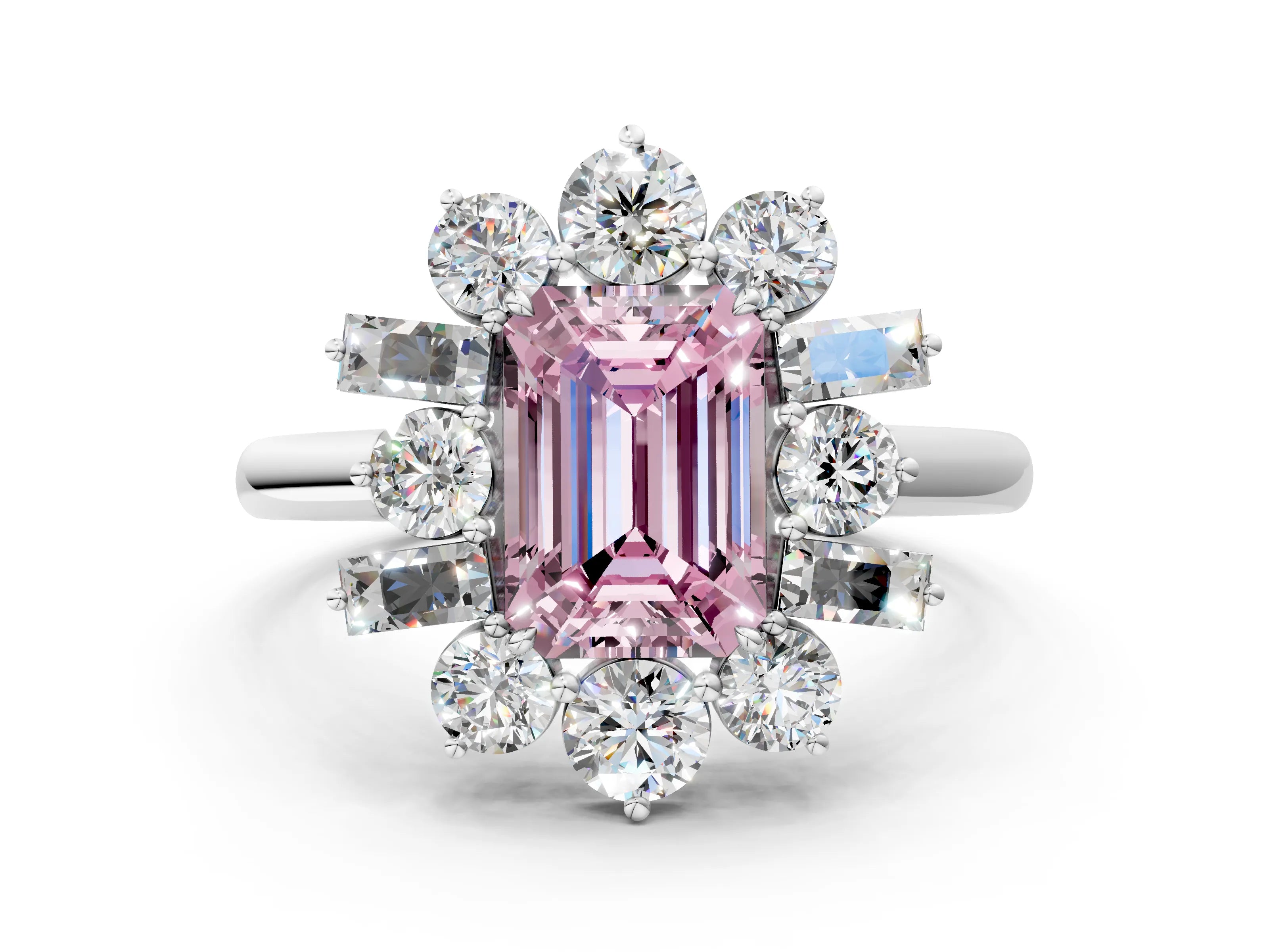White gold Fancy Pink Emerald Cut Diamond Cluster Ring with Round and Baguette Stones, Split Shank Band, Prong Setting_12