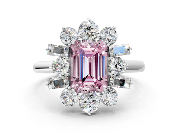 White gold Fancy Pink Emerald Cut Diamond Cluster Ring with Round and Baguette Stones, Split Shank Band, Prong Setting