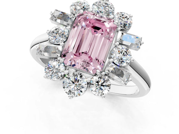 White gold Fancy Pink Emerald Cut Diamond Cluster Ring with Round and Baguette Stones, Split Shank Band, Prong Setting