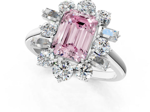 White gold Fancy Pink Emerald Cut Diamond Cluster Ring with Round and Baguette Stones, Split Shank Band, Prong Setting_13