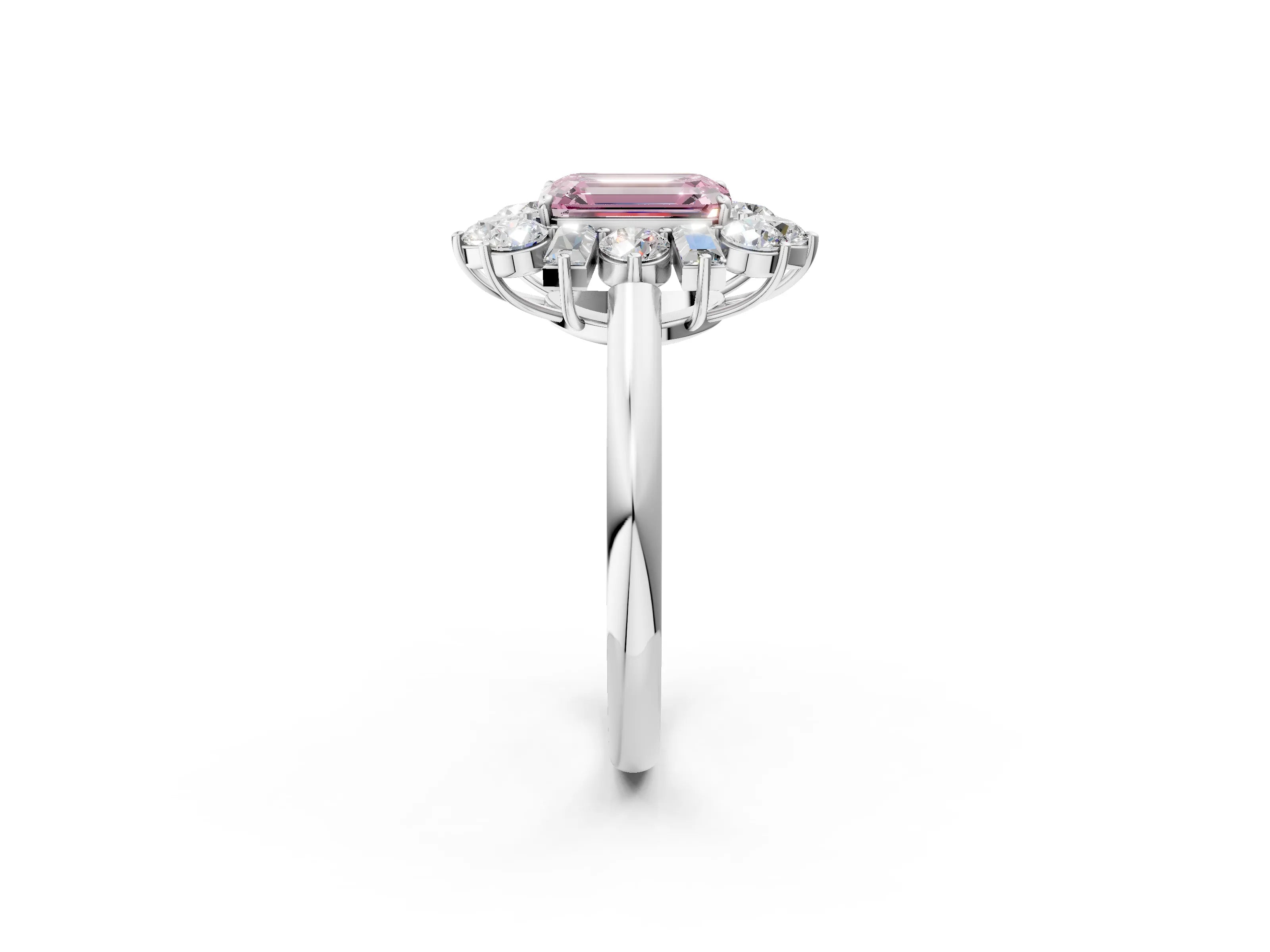White gold Fancy Pink Emerald Cut Diamond Cluster Ring with Round and Baguette Stones, Split Shank Band, Prong Setting_14