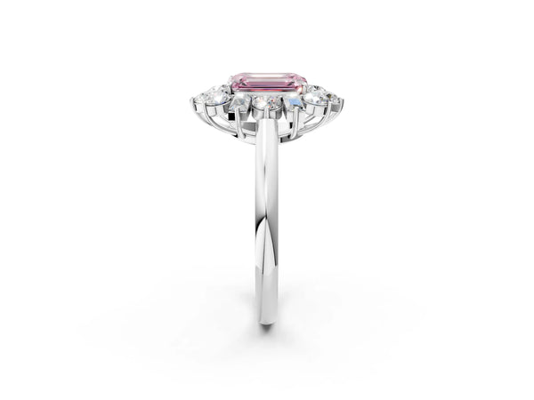 White gold Fancy Pink Emerald Cut Diamond Cluster Ring with Round and Baguette Stones, Split Shank Band, Prong Setting