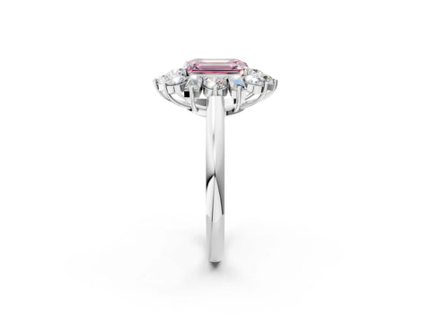 White gold Fancy Pink Emerald Cut Diamond Cluster Ring with Round and Baguette Stones, Split Shank Band, Prong Setting_14