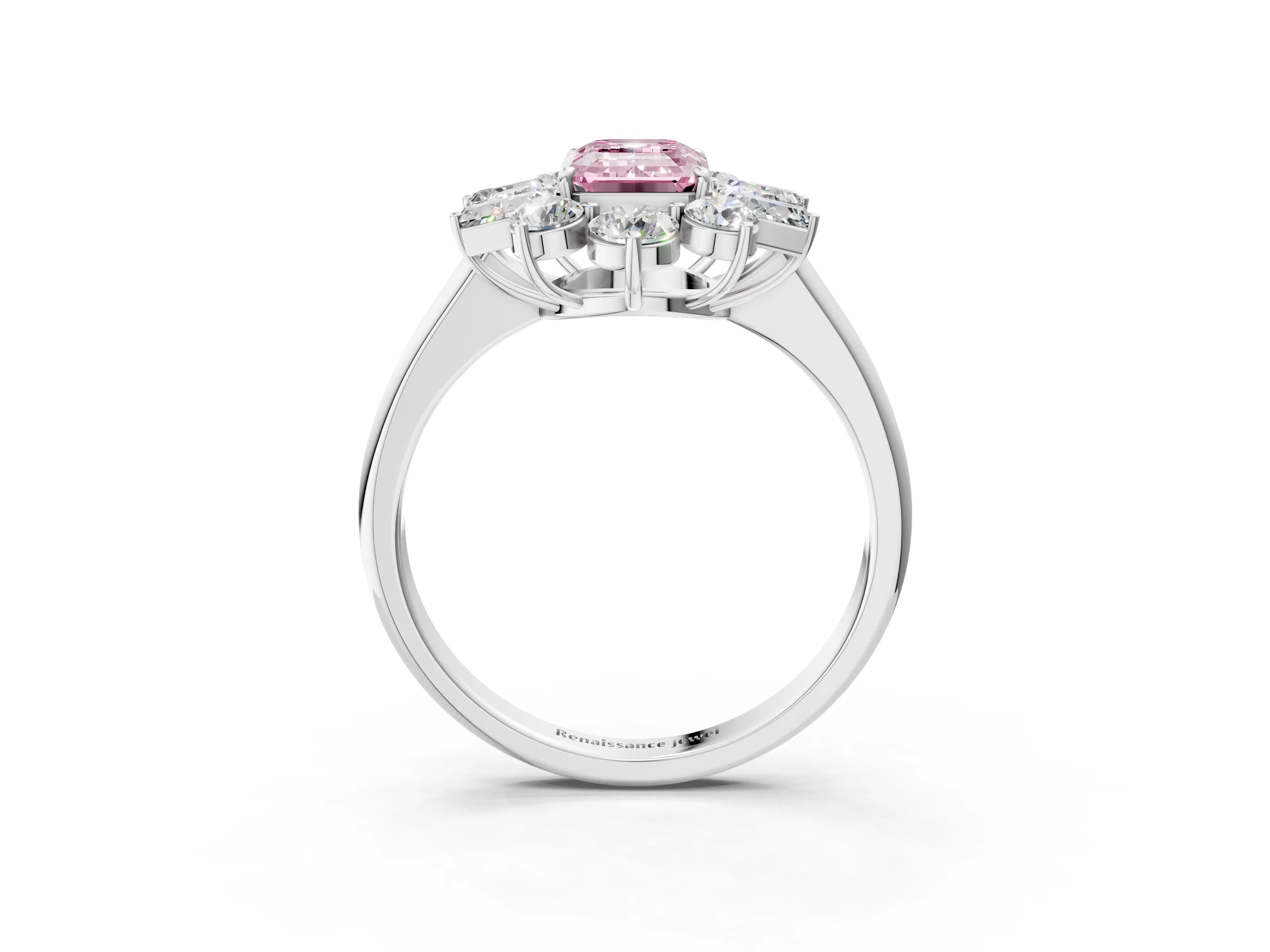White gold Fancy Pink Emerald Cut Diamond Cluster Ring with Round and Baguette Stones, Split Shank Band, Prong Setting_15