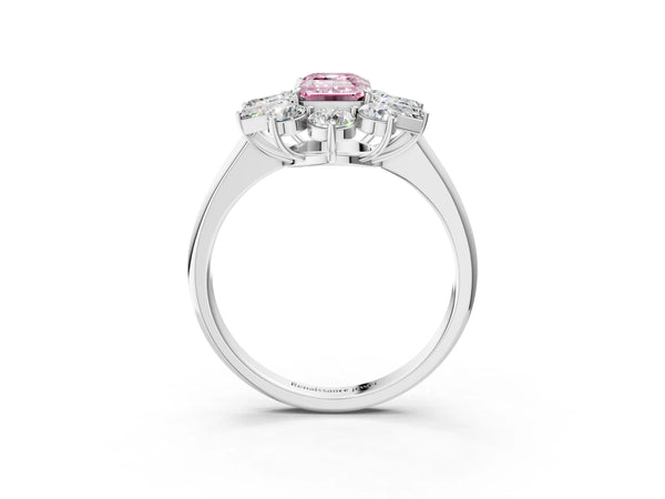 White gold Fancy Pink Emerald Cut Diamond Cluster Ring with Round and Baguette Stones, Split Shank Band, Prong Setting