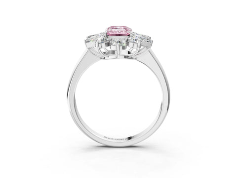 White gold Fancy Pink Emerald Cut Diamond Cluster Ring with Round and Baguette Stones, Split Shank Band, Prong Setting_15
