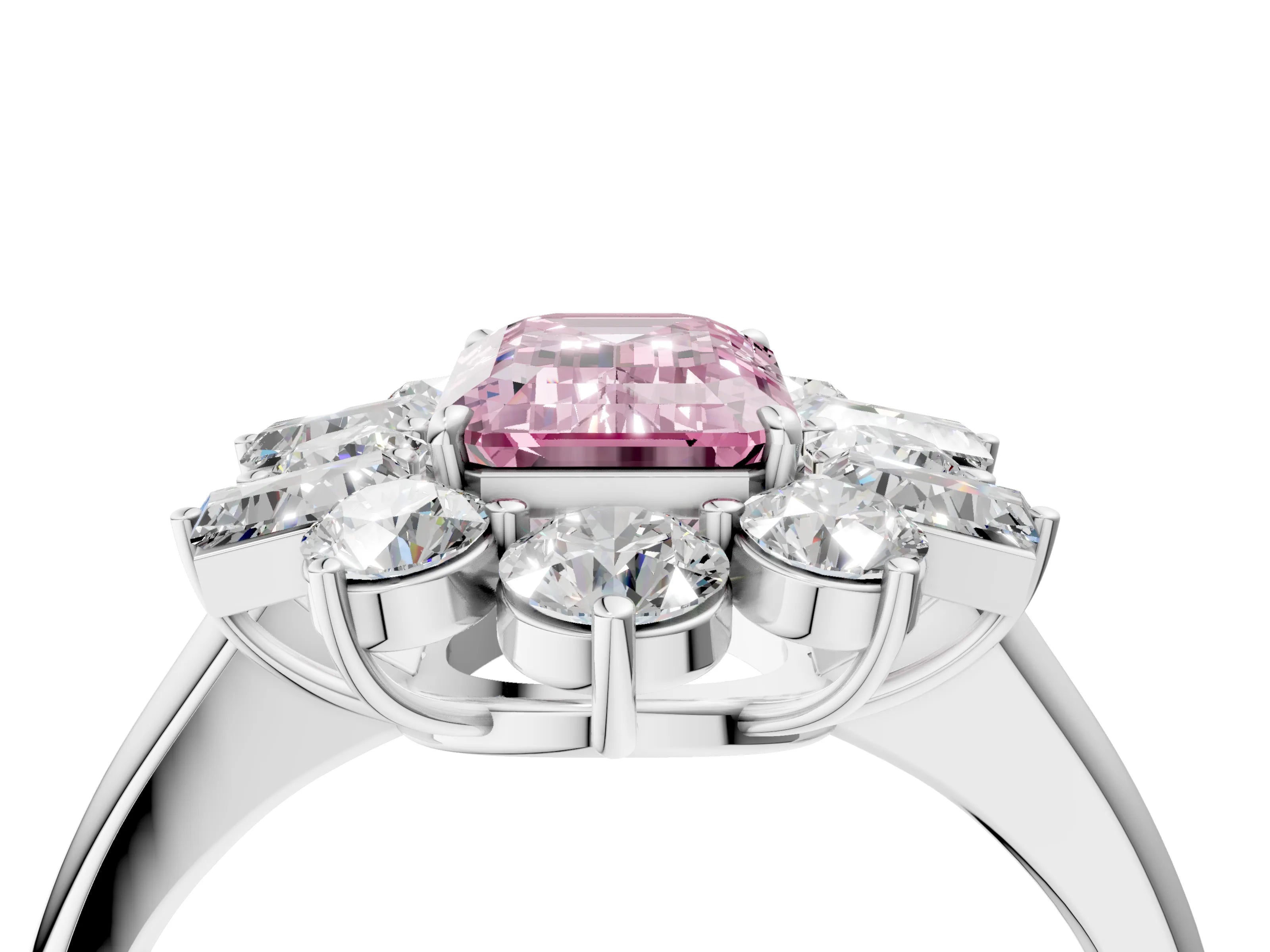 White gold Fancy Pink Emerald Cut Diamond Cluster Ring with Round and Baguette Stones, Split Shank Band, Prong Setting_16