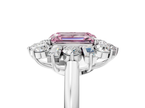 White gold Fancy Pink Emerald Cut Diamond Cluster Ring with Round and Baguette Stones, Split Shank Band, Prong Setting_17