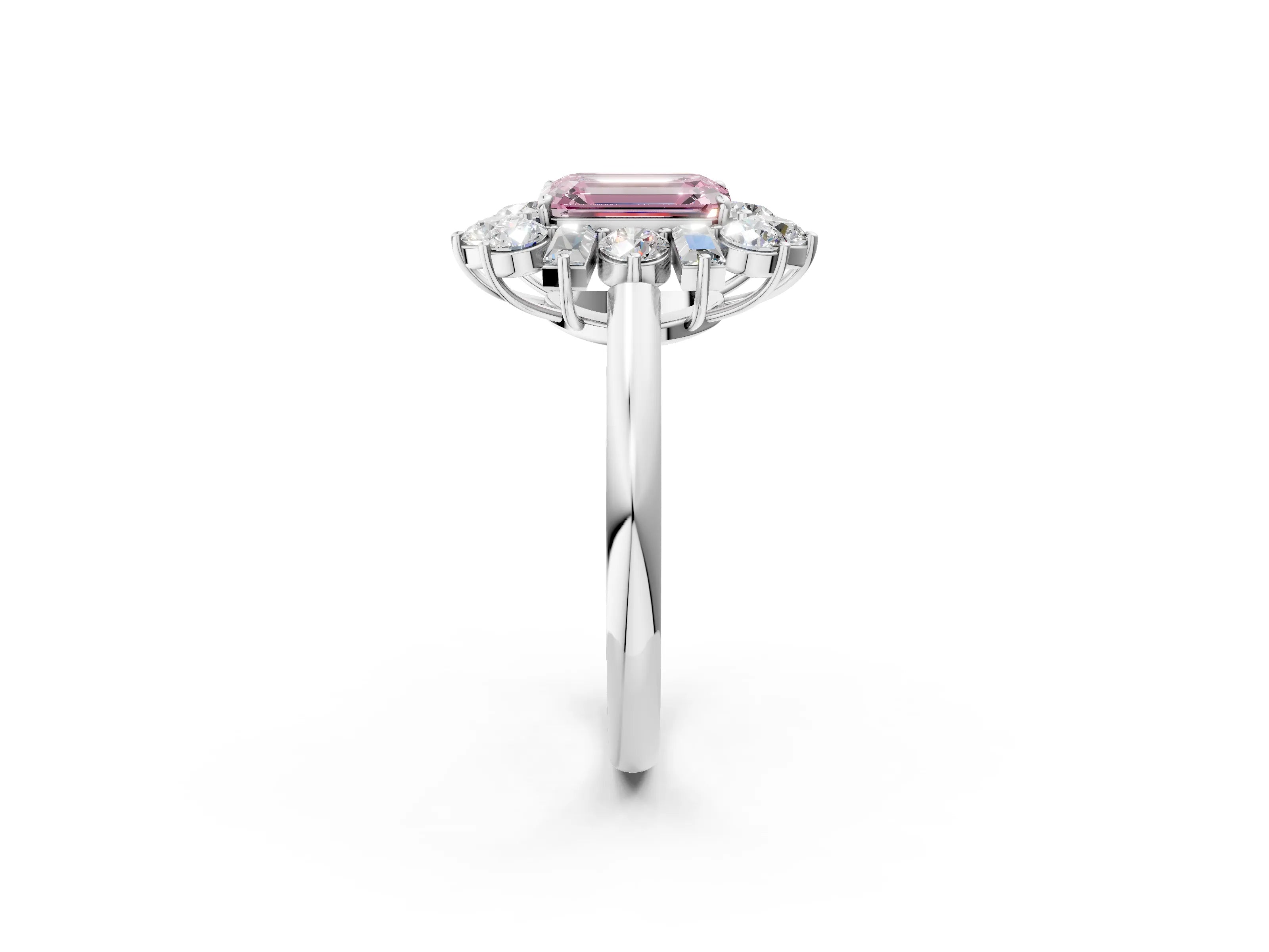 White gold Fancy Pink Emerald Cut Diamond Cluster Ring with Round and Baguette Stones, Split Shank Band, Prong Setting_2