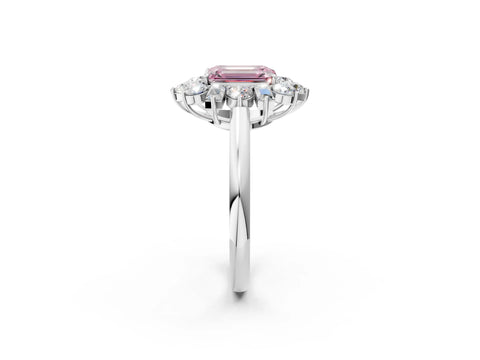 White gold Fancy Pink Emerald Cut Diamond Cluster Ring with Round and Baguette Stones, Split Shank Band, Prong Setting_2