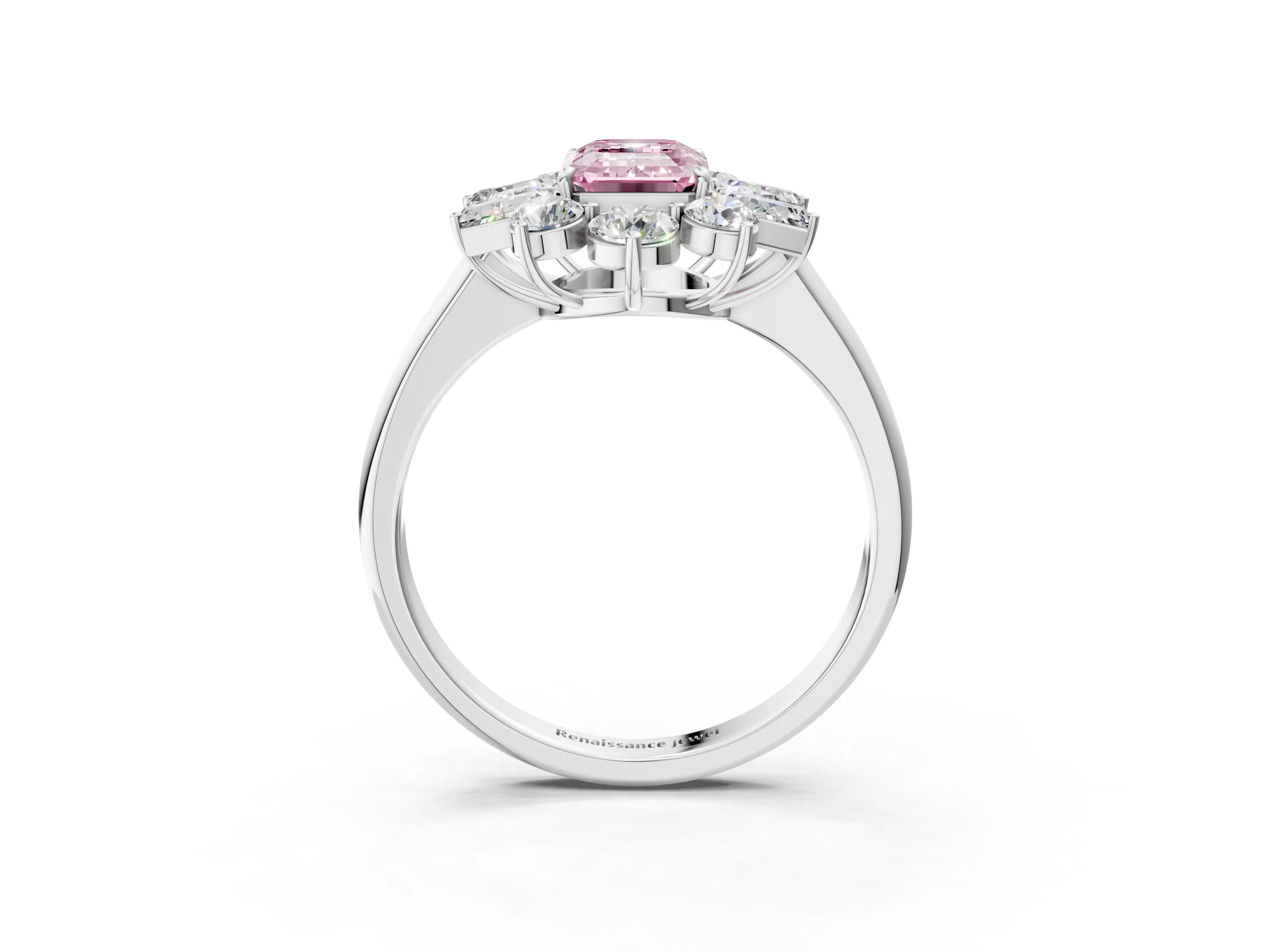 White gold Fancy Pink Emerald Cut Diamond Cluster Ring with Round and Baguette Stones, Split Shank Band, Prong Setting_3
