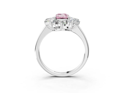 White gold Fancy Pink Emerald Cut Diamond Cluster Ring with Round and Baguette Stones, Split Shank Band, Prong Setting_3